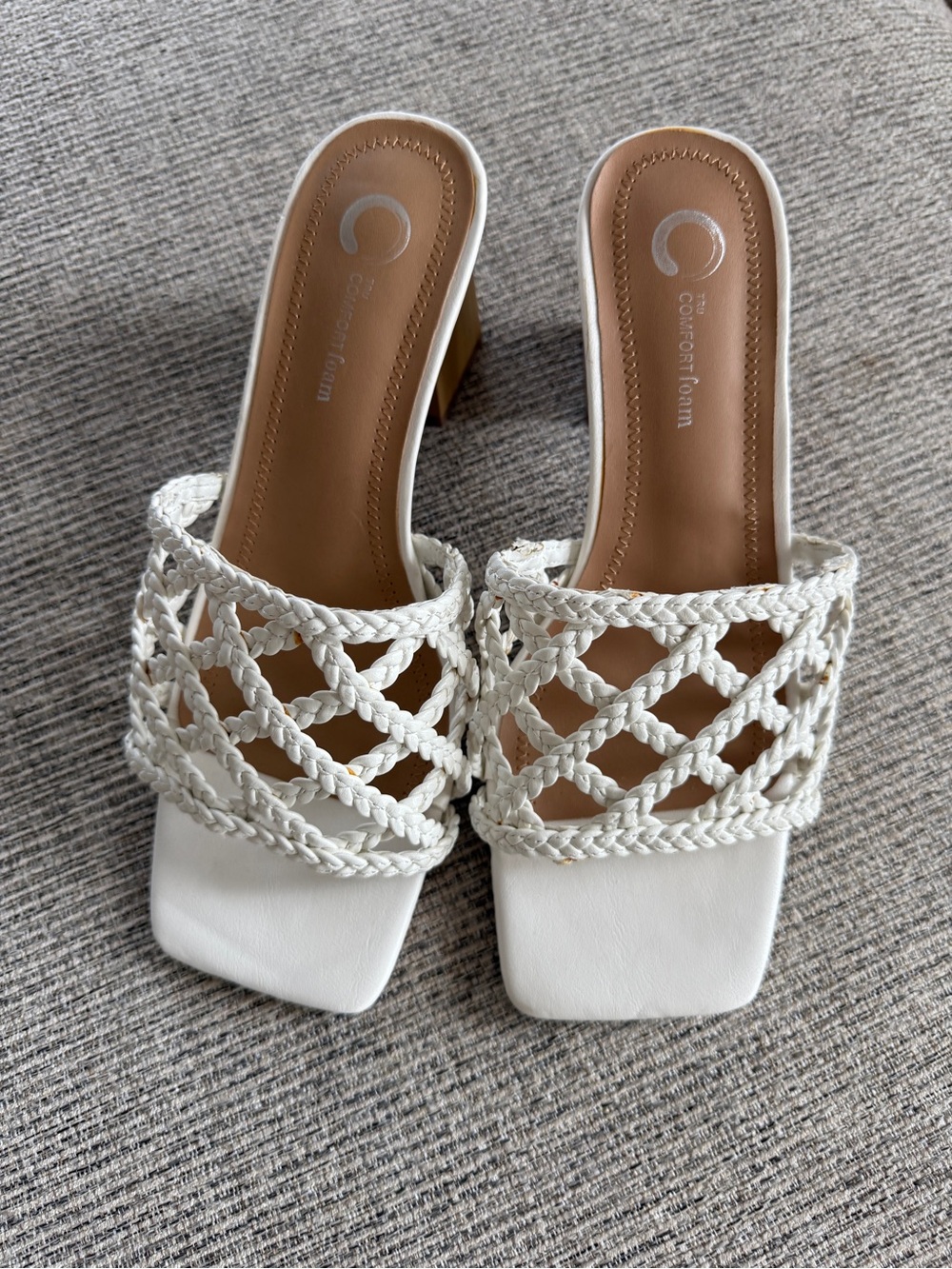 ComfortFoam White Braided Block Heel Slide Sandals Size 7.5
